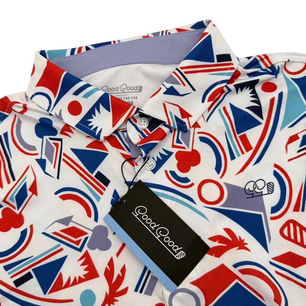 Good Good Golf Polo Shirt Medium White Red Blue Geometric Abstract Performance